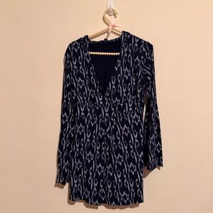 Mary Ellen Navy Long Sleeve Hoodie Mini Dress cinched Waist flare cotton v neck